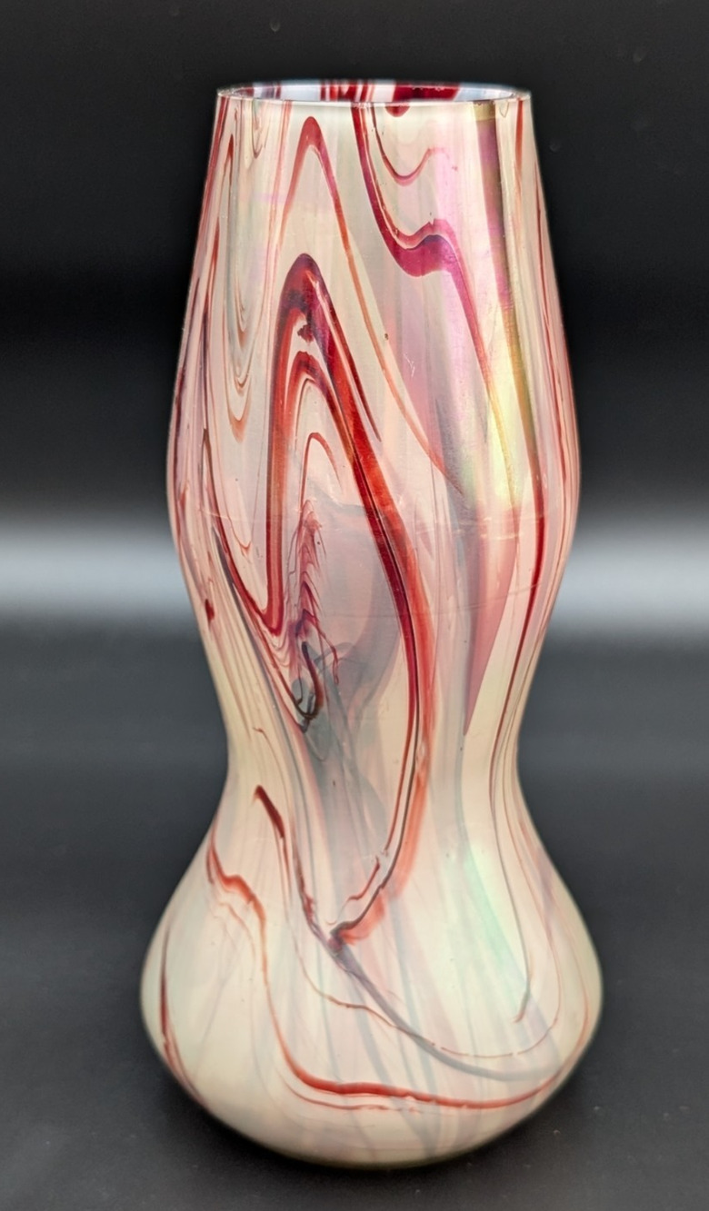 Rare Bohemian Marbled Iridescent Art Glass Vase 8" ca 1900s Rindskopf (?) Glows
